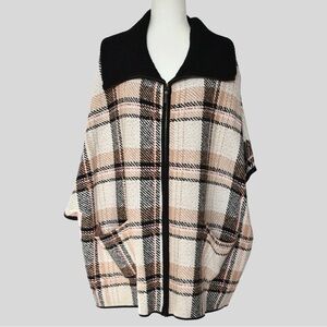 Tahari plaid cape with stand up or folded collar.